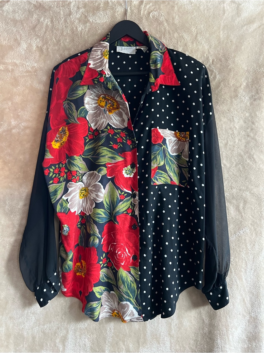 5/$20 Jessica Vintage Floral Polka Dot Blouse Size 16 Sheer Sleeve Button Front